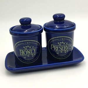 Vintage Cobalt "Preserve" & "Honey" Lidded Crock Jar 3 pc Set